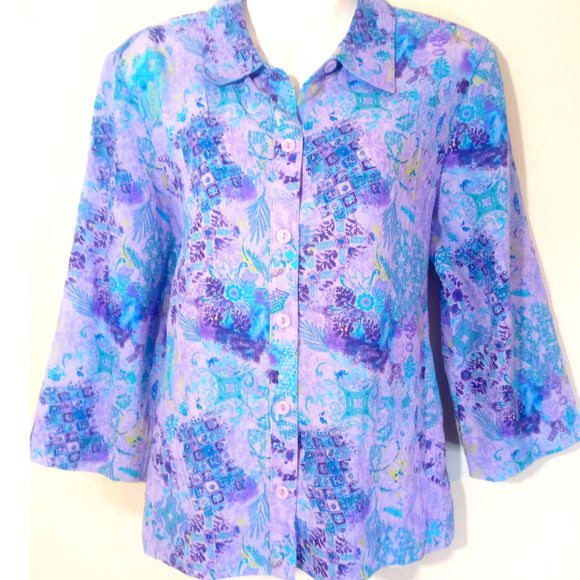 Christopher & Banks Tops - Christopher & Banks Women Size M Purple Blue Boho 3/4 Sleeve Button Up Top